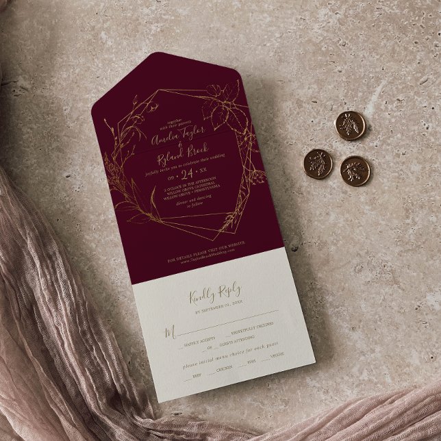 Gilded Floral | Burgund und Goldhochzeit All In One Einladung (Von Creator hochgeladen)