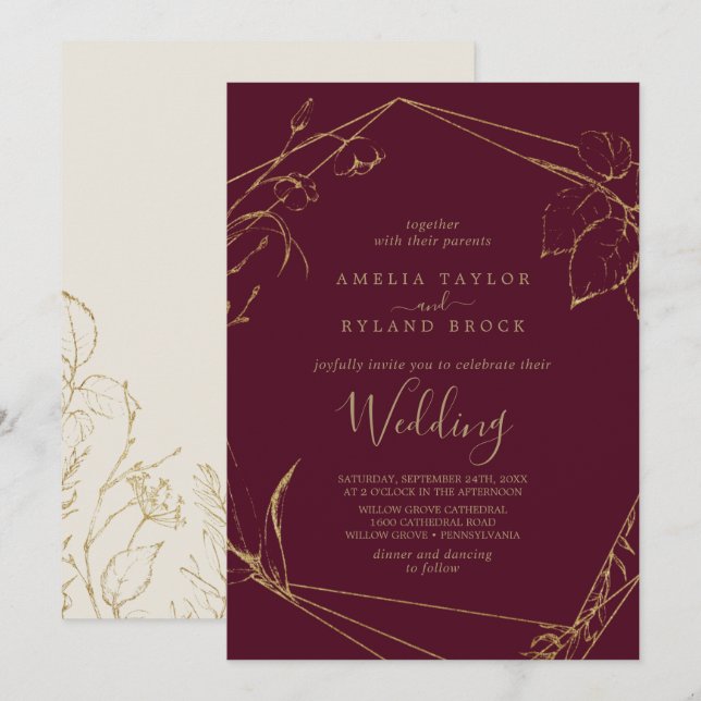 Gilded Floral | Burgund und Goldhochzeit Einladung (Vorne/Hinten)