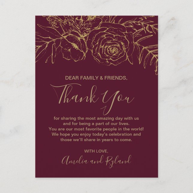 Gilded Floral Burgundy & Gold Dankeschön Tischkart Postkarte (Vorderseite)