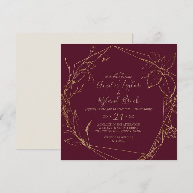 Gilded Floral | Burgundy & Gold Geometric Wedding Einladung (Vorne/Hinten)