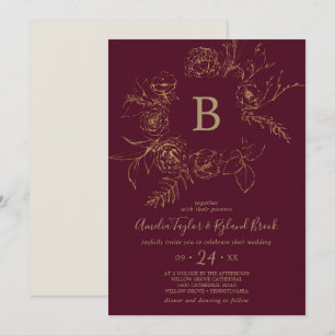 Gilded Floral   Burgundy & Gold Monogram Wedding Einladung