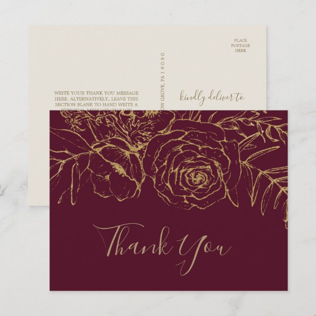 Gilded Floral Burgundy & Gold Vielen Dank Postcard Postkarte (Vorne/Hinten)