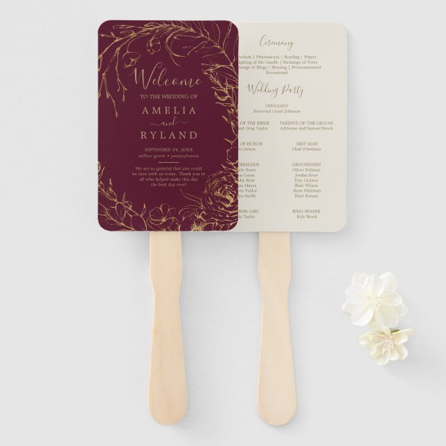 Gilded Floral Burgundy & Gold Wedding Program Fan Fächer (Vorne und Hinten)