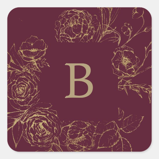 Gilded Floral Burgundy Gold Wedding Umschlag Aufkl Quadratischer Aufkleber (Vorderseite)
