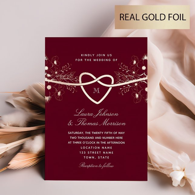 Gilded Floral Burgundy Rose Gold Wedding Folieneinladung (Von Creator hochgeladen)