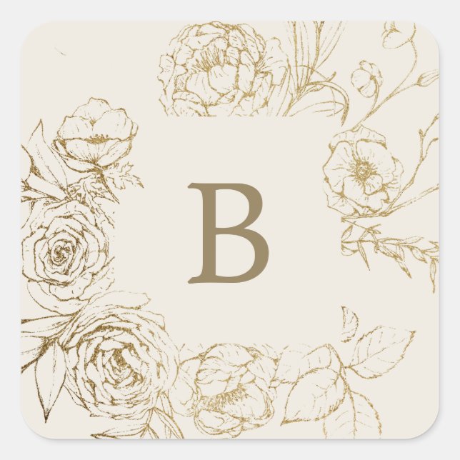 Gilded Floral Cream & Gold Wedding Umschlag Aufkle Quadratischer Aufkleber (Vorderseite)