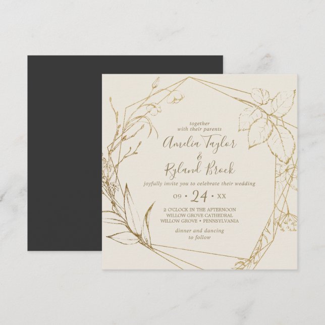 Gilded Floral | Creme and Gold Geometric Wedding Einladung (Vorne/Hinten)
