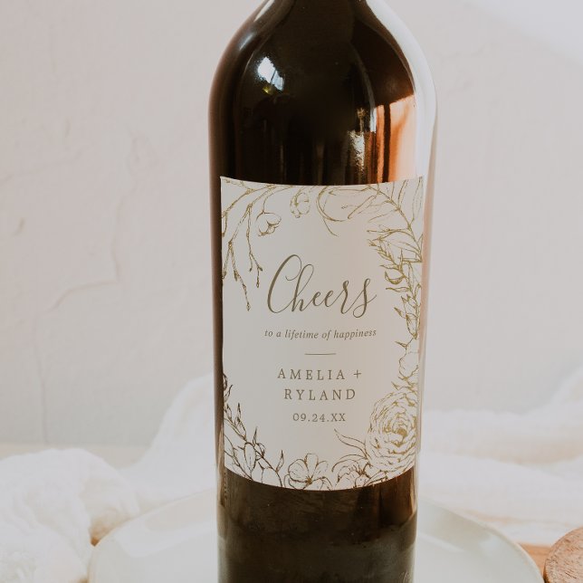 Gilded Floral | Creme Cheers Wedding Wine Labels Weinetikett (Von Creator hochgeladen)