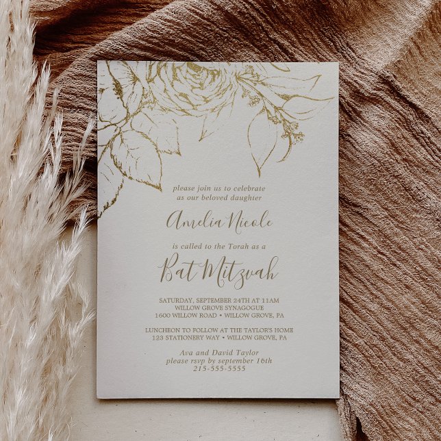 Gilded Floral | Creme und Gold Bat Mitzvah Einladung (Von Creator hochgeladen)