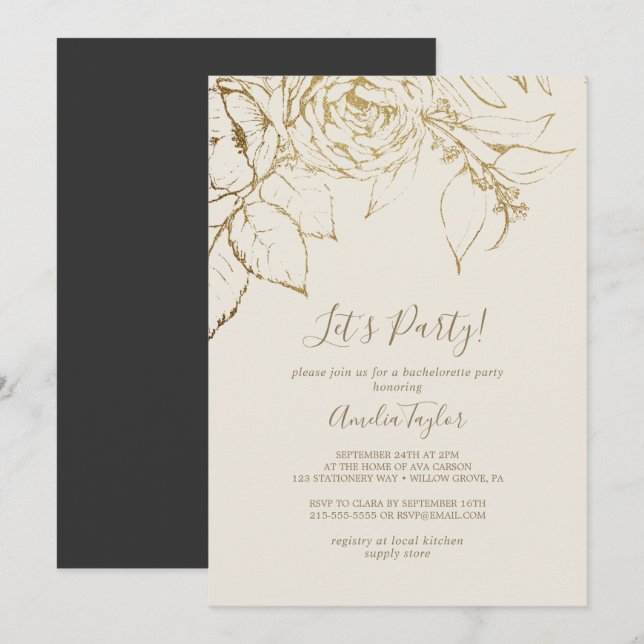 Gilded Floral | Creme und Gold Let's Party Einladung (Vorne/Hinten)