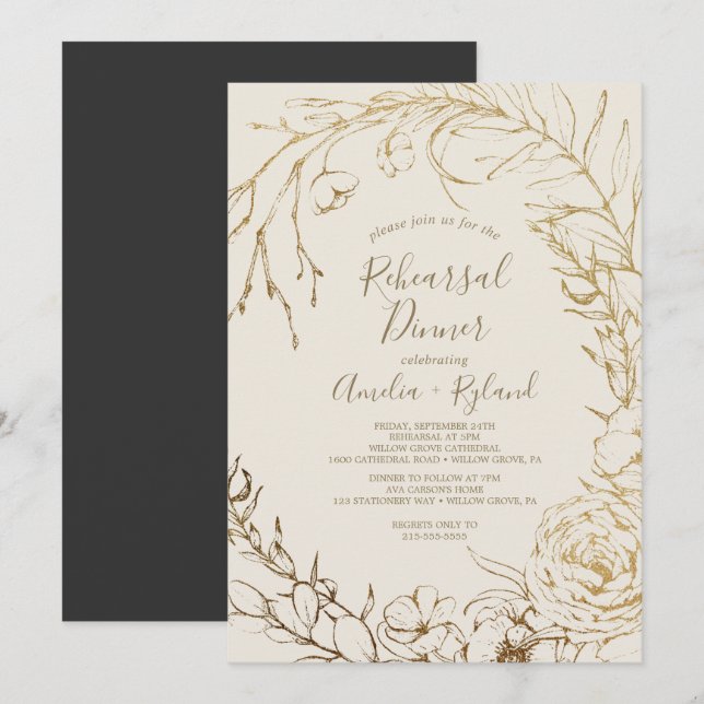 Gilded Floral | Creme und Gold Probe Abendessen Einladung (Vorne/Hinten)