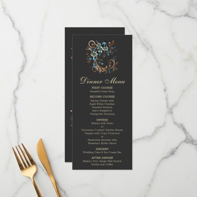 Gilded Floral Elegance Menükarte (Vorderseite/Rückseite Beispiel)