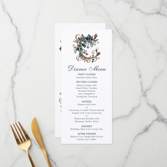 Gilded Floral Elegance Menükarte (Vorderseite/Rückseite Beispiel)
