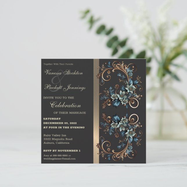 Gilded Floral Elegance Wedding Einladung (Stehend Vorderseite)