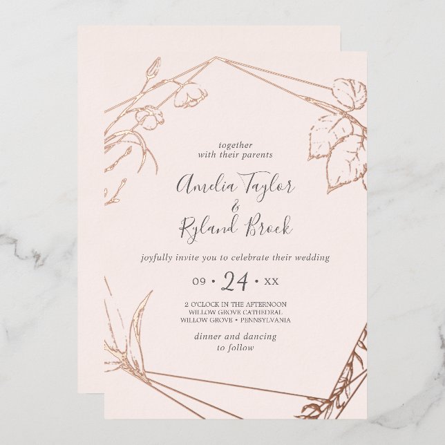 Gilded Floral Front & Back Rose Gold Foil Hochzeit Folieneinladung (Vorderseite/Rückseite)