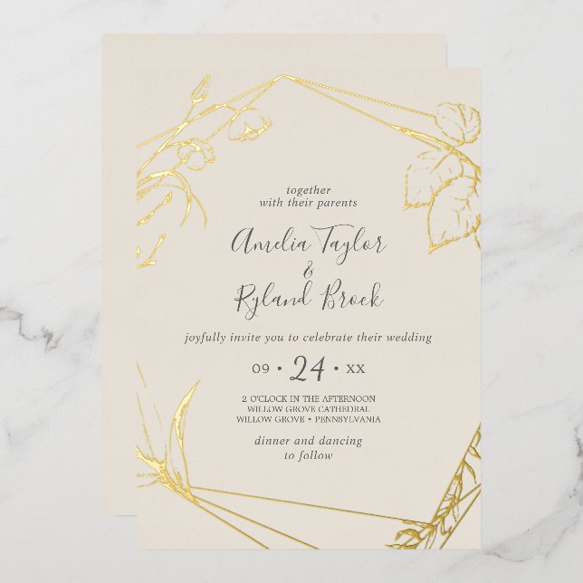 Gilded Floral | Gold Foil Cream Front Back Wedding Folieneinladung (Vorderseite/Rückseite)