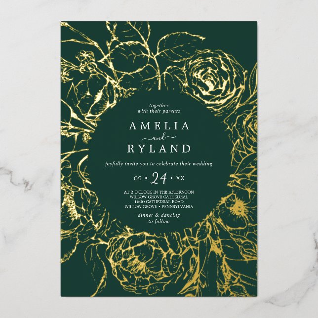 Gilded Floral | Gold Foil Emerald Lässig Wedding Folieneinladung (Vorderseite)