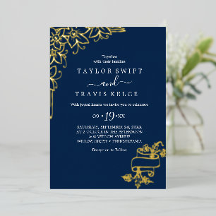 Gilded Floral Gold Foil Navy Front & Back Weddin Folieneinladung