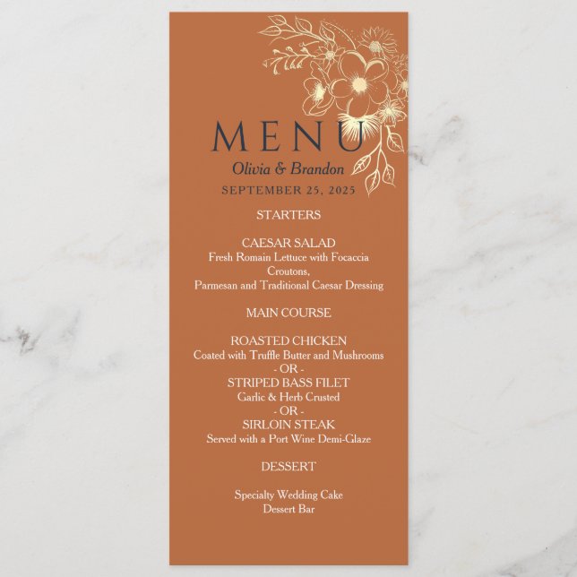 Gilded Floral Gold Wedding Menu Menükarte (Vorderseite)