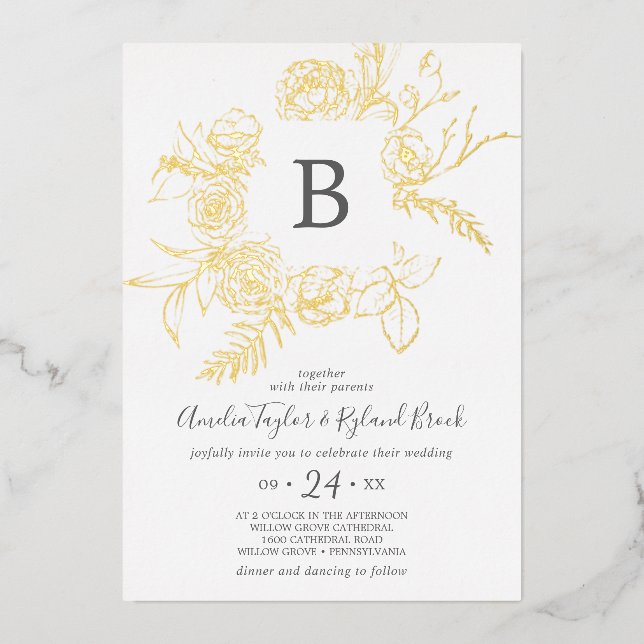 Gilded Floral | Goldfolien-Monogramm-Hochzeit Folieneinladung (Vorderseite)