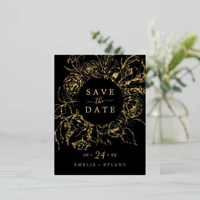Gilded Floral | Goldschwarz Save the Date Folie Einladungspostkarte (Stehend vorne)