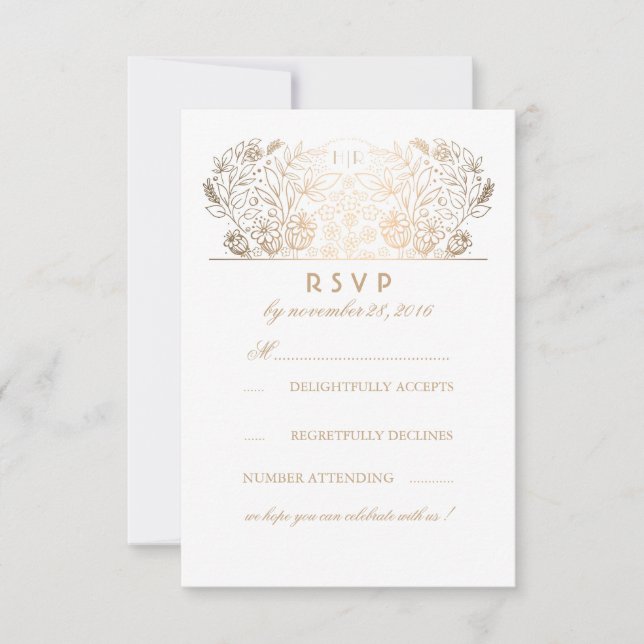 Gilded Floral Grey White Wedding RSVP Card Karte (Vorderseite)