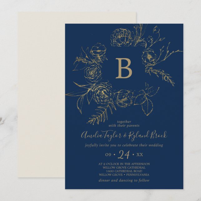Gilded Floral | Hochzeit von Navy Blue & Gold Mono Einladung (Vorne/Hinten)