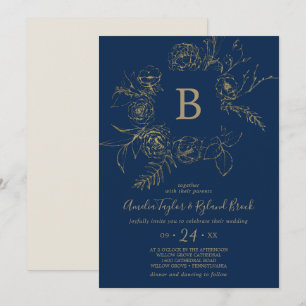 Gilded Floral   Hochzeit von Navy Blue & Gold Mono Einladung