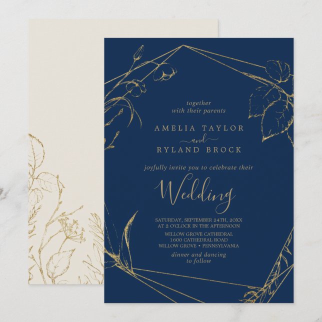 Gilded Floral | Hochzeit von Navy Blue und Gold Einladung (Vorne/Hinten)