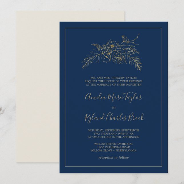 Gilded Floral | Hochzeitsfeiern mit Navy Blue und  Einladung (Vorne/Hinten)