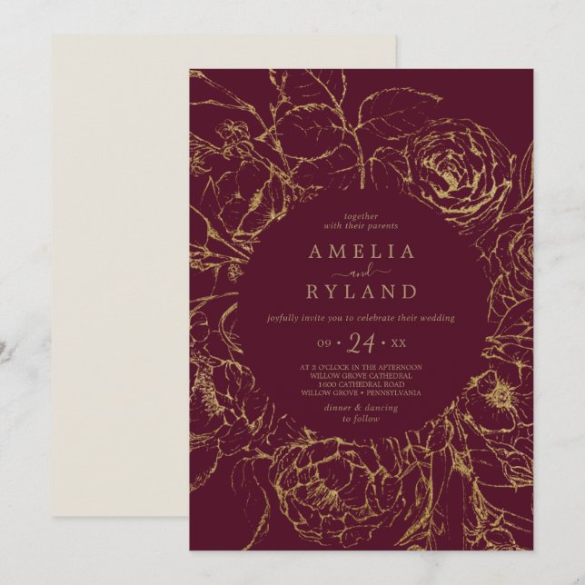 Gilded Floral | Lässige Hochzeit in Burgund und Go Einladung (Vorne/Hinten)