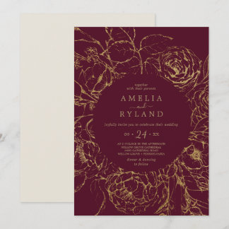 Gilded Floral | Lässige Hochzeit in Burgund und Go Einladung