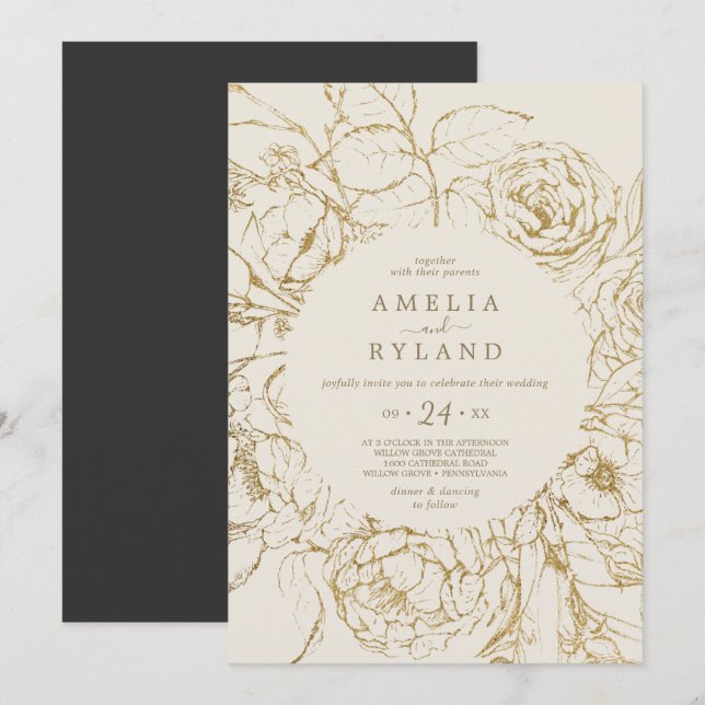 Gilded Floral | Lässige Hochzeit mit Creme und Gol Einladung (Vorne/Hinten)