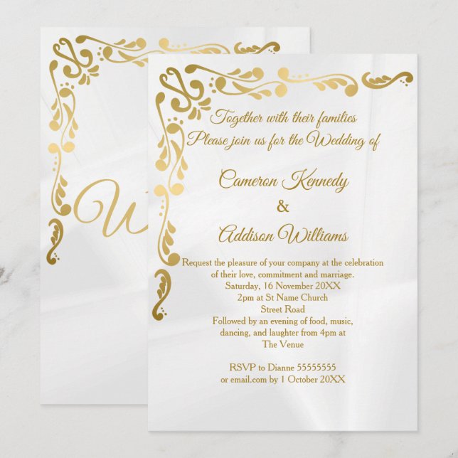 Gilded Floral | Lässige Hochzeit von Goldcreme Einladung (Vorne/Hinten)