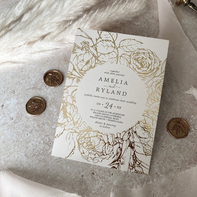 Gilded Floral | Lässige Hochzeit von Goldcreme Folieneinladung (Von Creator hochgeladen)