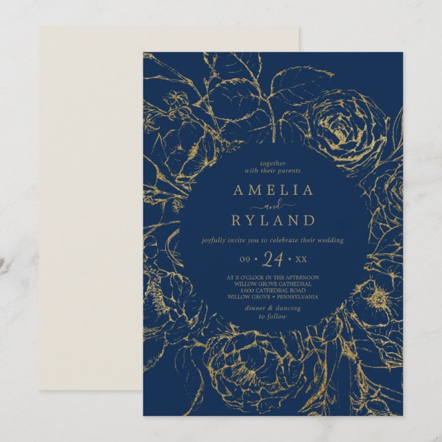 Gilded Floral | Lässige Hochzeit von Navy Blue und Einladung (Vorne/Hinten)