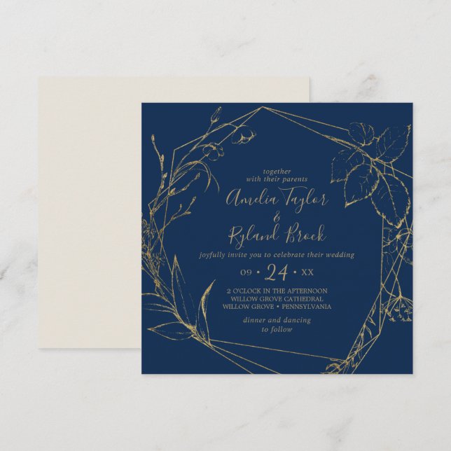 Gilded Floral | Navy Blue & Gold Geometric Wedding Einladung (Vorne/Hinten)