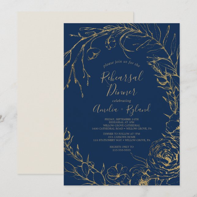 Gilded Floral | Navy Blue & Gold Probe Dinner Einladung (Vorne/Hinten)
