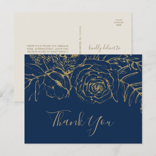 Gilded Floral Navy Blue & Gold Vielen Dank Postcar Postkarte (Vorne/Hinten)