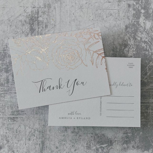 Gilded Floral | Rose Gold Foil und Grau Vielen Dan Folie Einladungspostkarte (Von Creator hochgeladen)