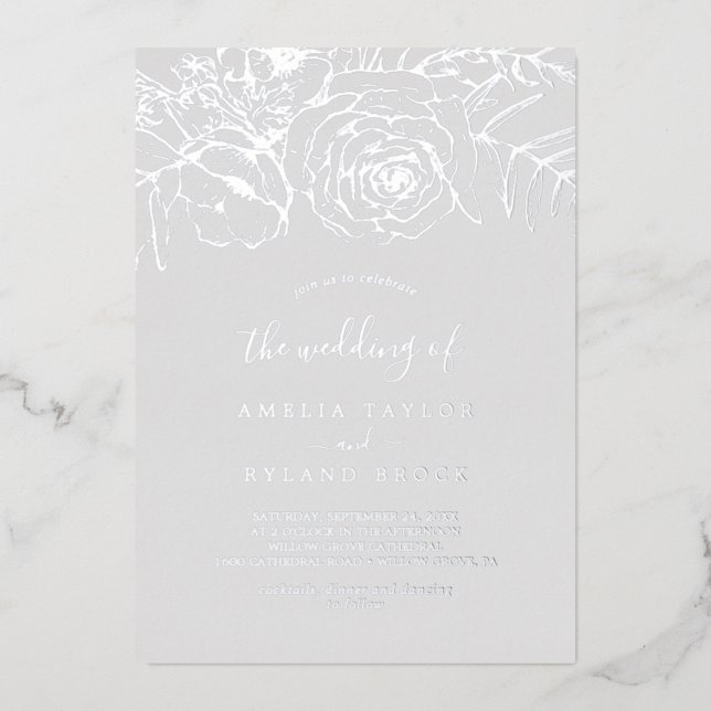 Gilded Floral | Silberstreifen grau beim Hochzehen Folieneinladung (Vorderseite)