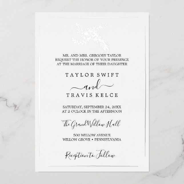Gilded Floral | Silver Foil Formal Wedding Folieneinladung (Vorderseite)