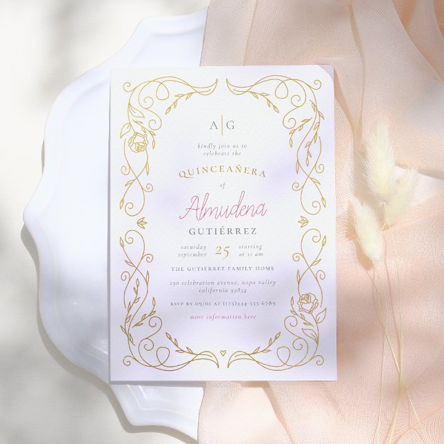 Gilded Gold Floral Frame Elegantes Quinceñera Foto Einladung (Von Creator hochgeladen)