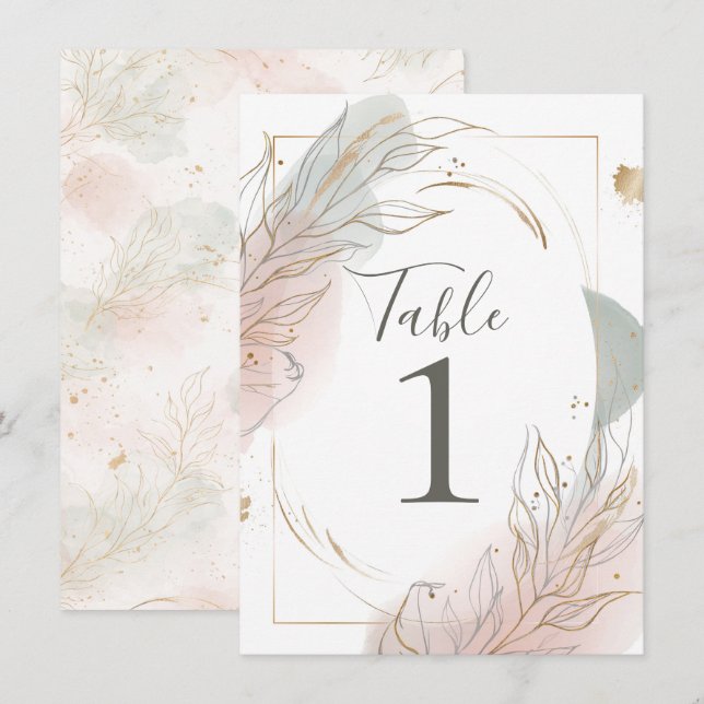 Gilded Gold Sage & Blush Botanical Table Number Einladung (Vorne/Hinten)