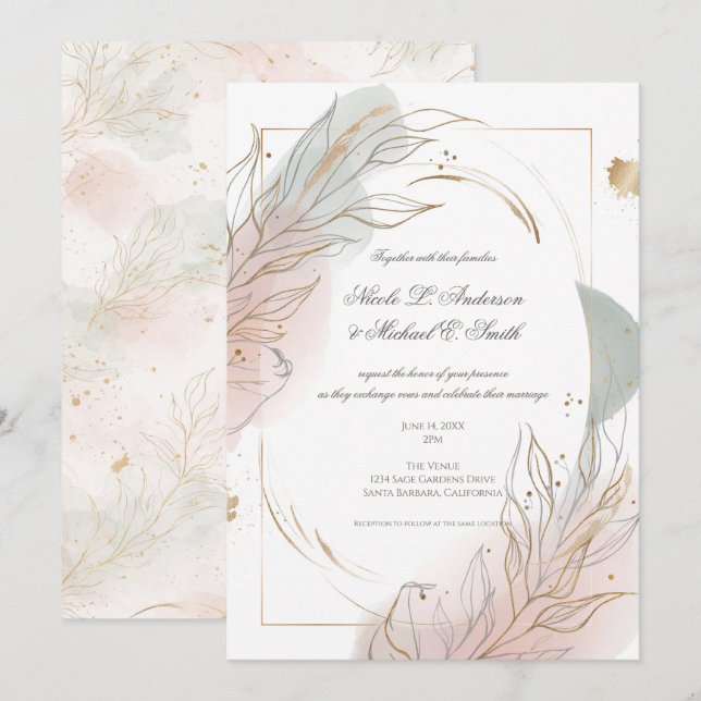Gilded Gold Sage & Blush Botanical Wedding  Einladung (Vorne/Hinten)