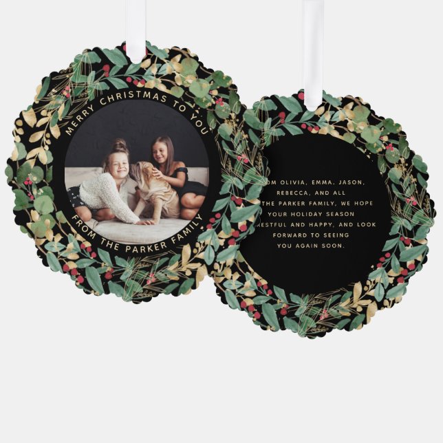 Gilded Greenery Black | Weihnachten im Foto Ornament Karte (Vorderseite/Rückseite)