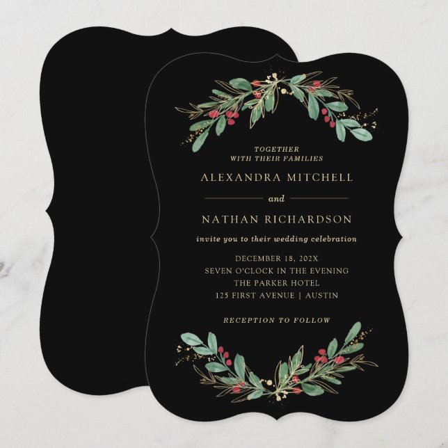 Gilded Greenery Black | Weihnachtsfeiertage Einladung (Vorne/Hinten)