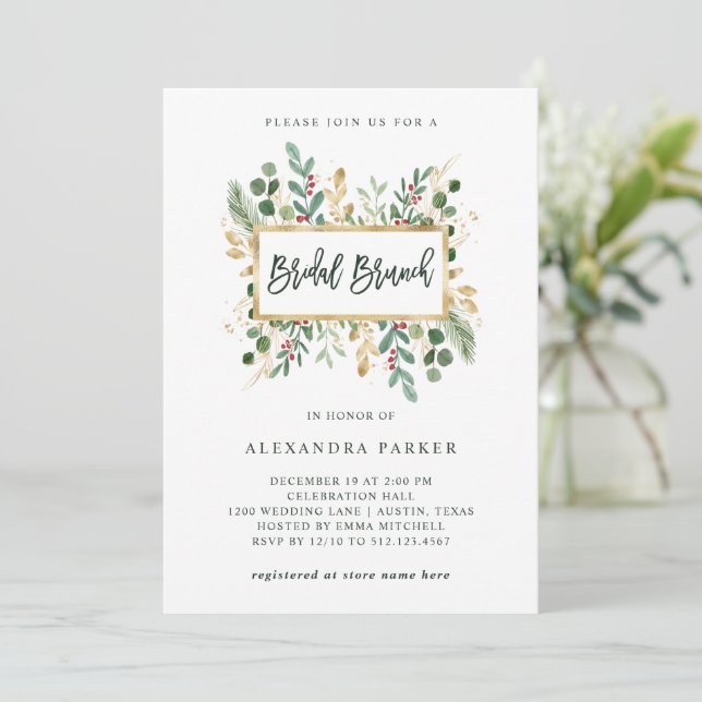 Gilded Greenery on White | Christmas Bridal Brunch Einladung (Stehend Vorderseite)