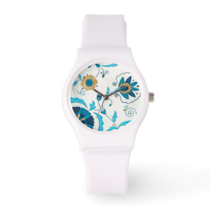 Gilded Indigo Blume mit weißem Hintergrund Armbanduhr