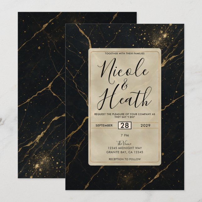 Gilded Midnight Marble Black & Gold Wedding Einladung (Vorne/Hinten)